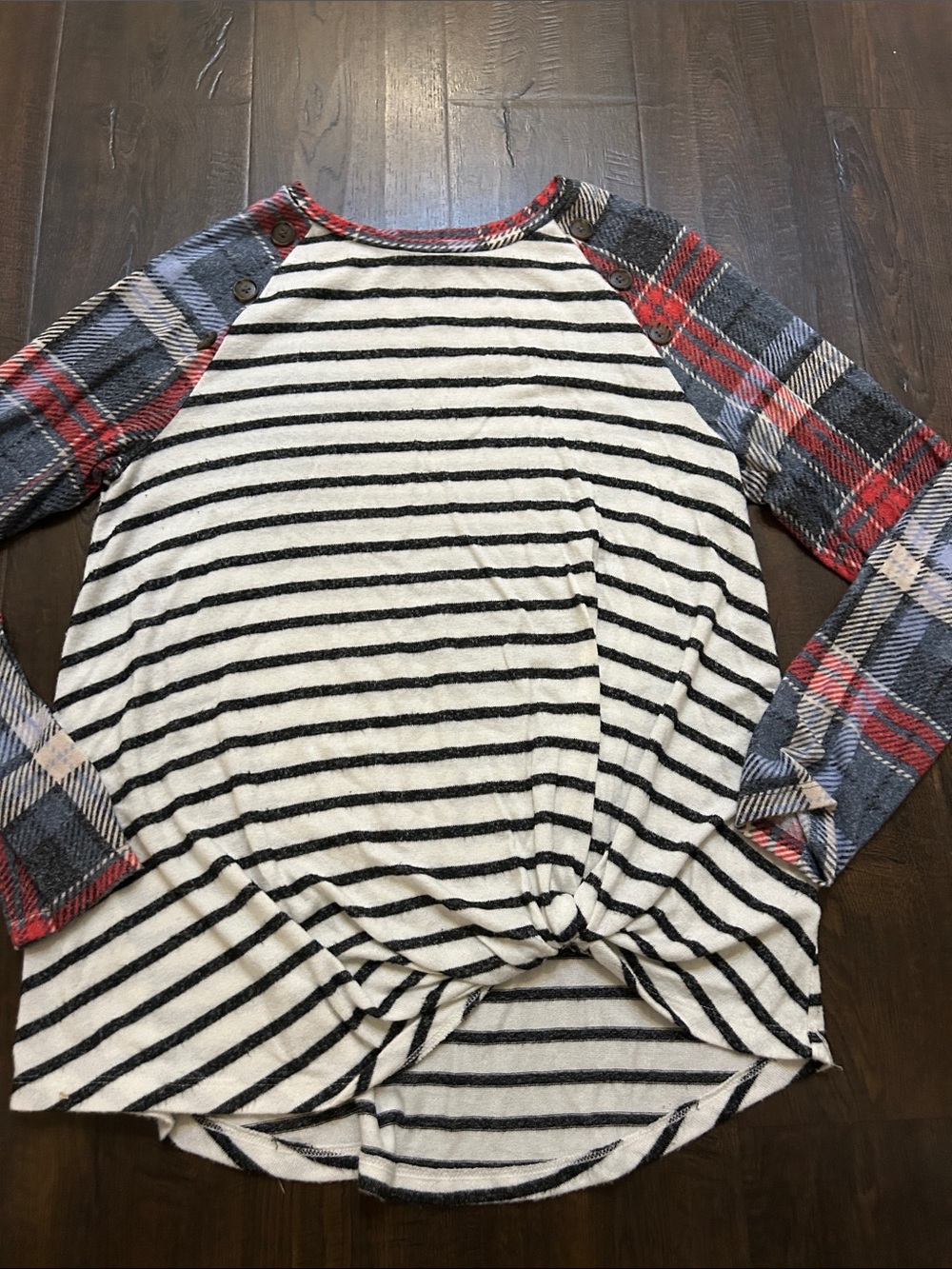 Striped Knot-Front Raglan Top with Plaid Sleeves - White/Black/Red